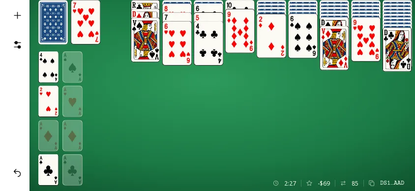 Partie de Double Solitaire en marque Vegas sur téléphone : le score -$69, soit la mise de départ de 104 dollars moins 35 dollars gagnés par les 7 cartes posées sur les fondations.